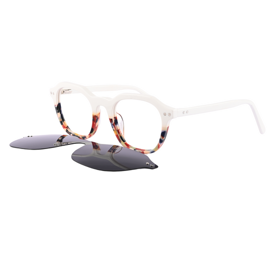 Stylish White Acetate Eyeglass with Strong Magnetic Clip on Black Sunglass